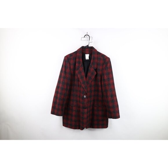 Vintage 90s Womens Size 16 Wool Blend Tweed Suit Coat Blazer Jacket Red Plaid - Picture 1 of 14